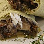 Brunch crepes with sauteed mushrooms, pesto and Brillat Savarin cheese