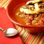 Turkey Chipotle Chili with Pepper Jack Cheese Corn Cake Toppers